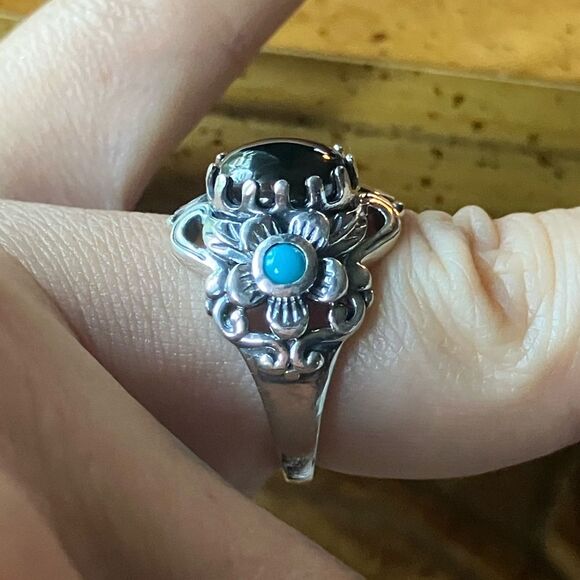 Natural Shungite Sleeping Beauty Turquoise Sterling Silver Ring Size 6 - Picture 3 of 9